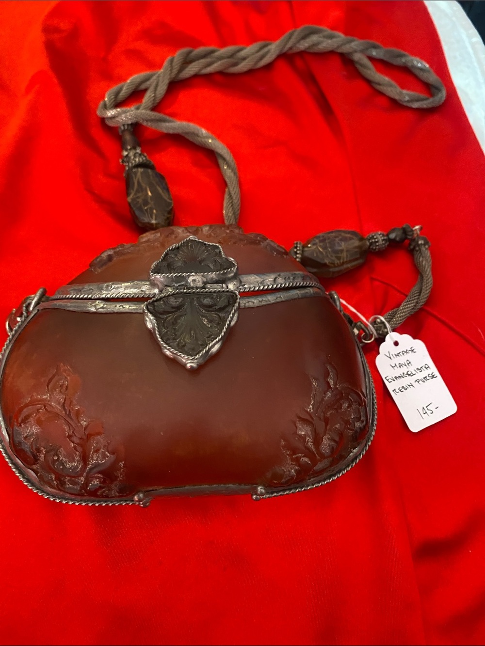 Maya Vintage Brown Ornate Evening Bag with Silver Trim or resin purse 👜